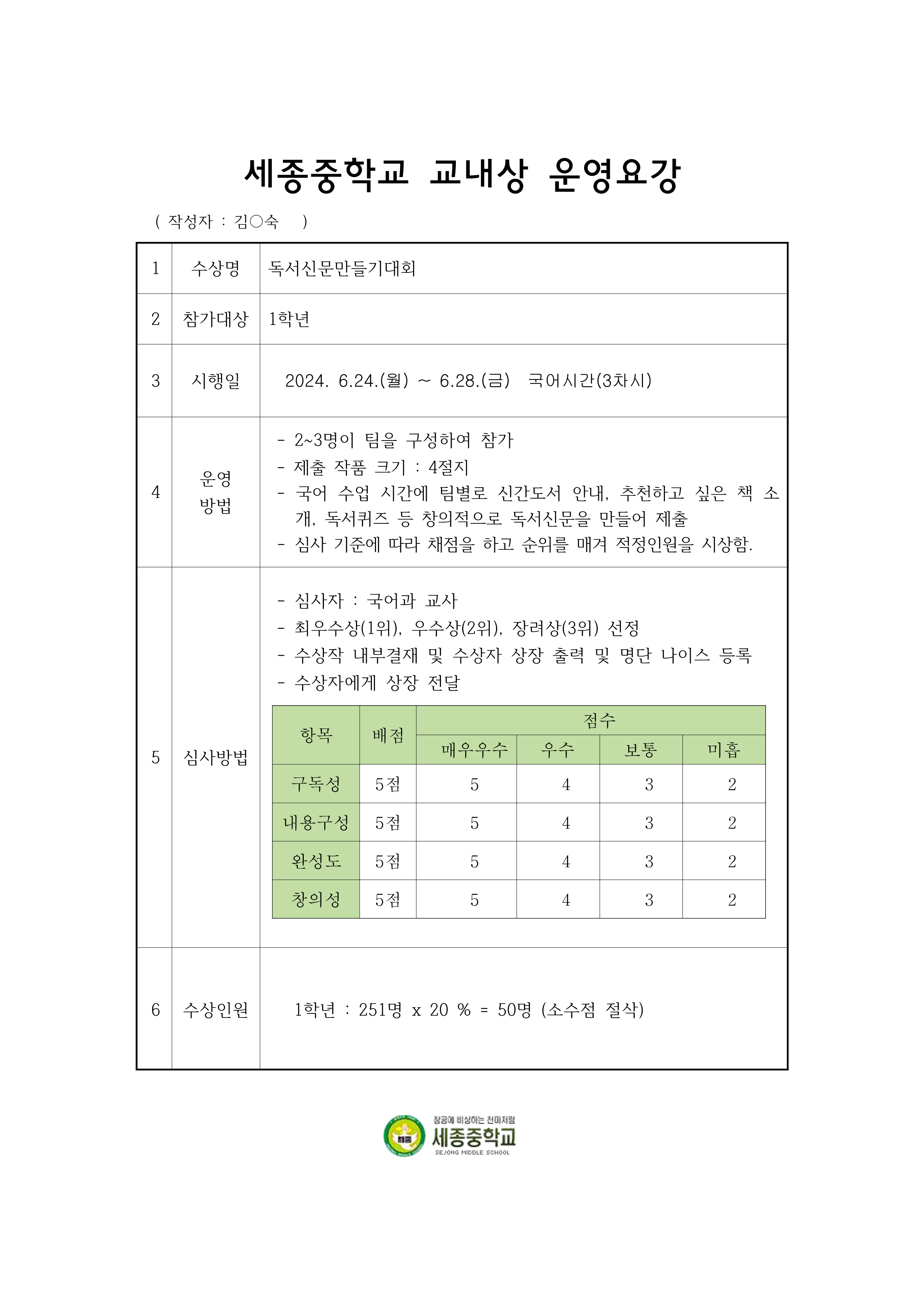 2024학년도 독서신문만들기대회(1학년) 운영요강_1